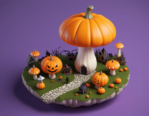 Isometric Large Mushroom With Halloween Pumpkin Decorations Around It
