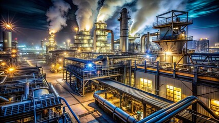 Fototapeta premium A Nighttime View of a Complex Industrial Complex, Illuminating a Labyrinth of Pipes and Platforms