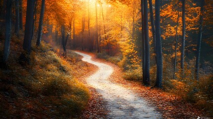 Obraz premium Breathtaking forest path winding through autumn foliage with vibrant colors and sunlight filtering through creating a serene atmosphere