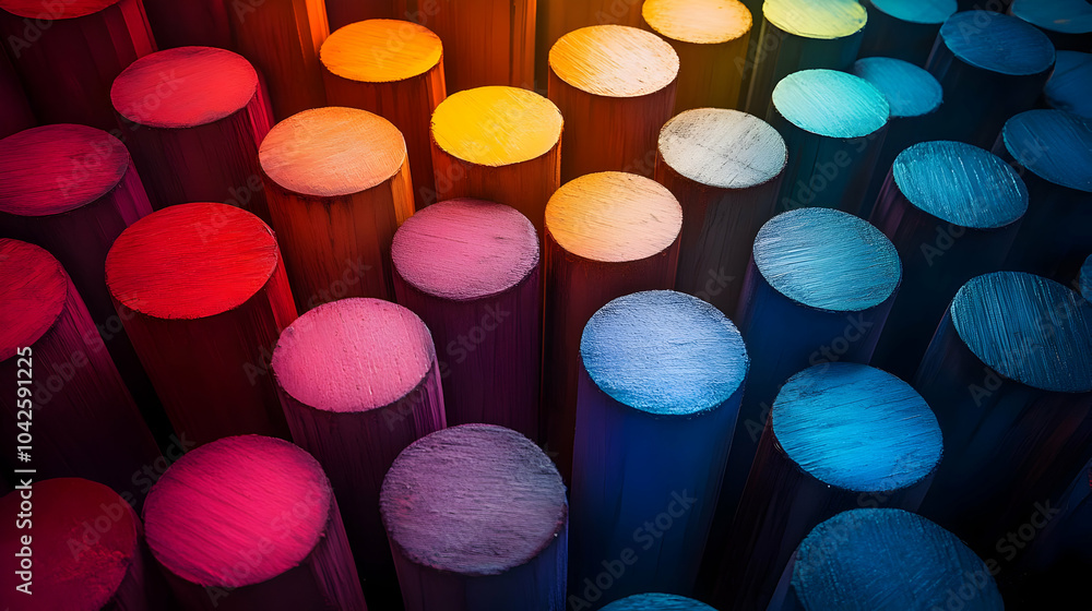 Poster colorful cylindrical objects arranged in a vibrant pattern.