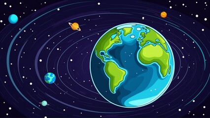 2D Cartoon Illustration of Earth in Space with Astronomical Elements