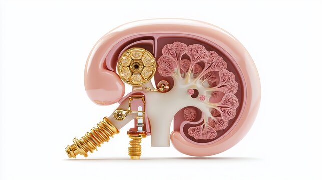 Kidney cross-section showing the cortex and medulla, placed on a white background for medical illustration. - Powered by Adobe