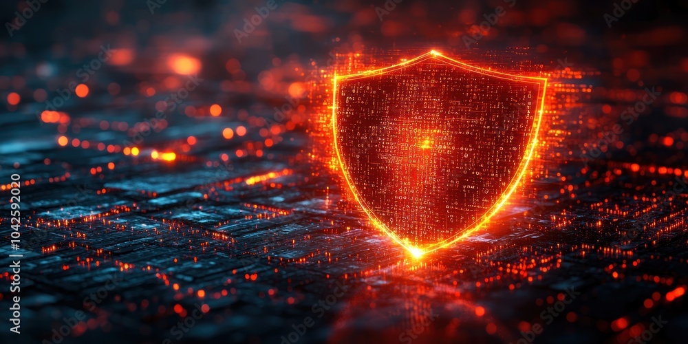 Poster glowing shield symbol on abstract circuit board background