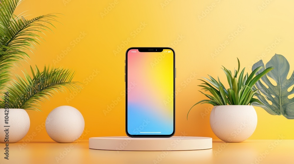 Poster phone mockup with a colorful screen in a vibrant modern setting, ideal for app or software presentat