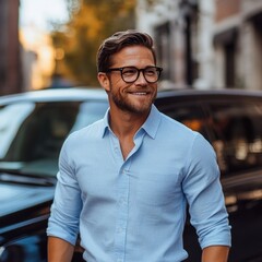 Obraz premium A smiling man wearing glasses in a blue shirt, walking down a city street.