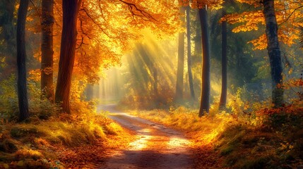 Obraz premium Breathtaking forest path winding through autumn foliage with vibrant colors and sunlight filtering through creating a serene atmosphere