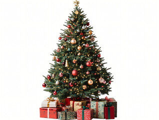 Beautifully decorated Christmas tree surrounded by presents on a blue and white background, capturing the festive spirit of the holiday season