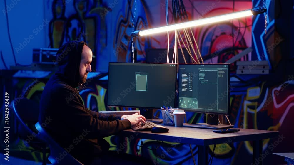 Poster skilled hacker deploying malware on unaware victims computers, stealing sensitive and private inform