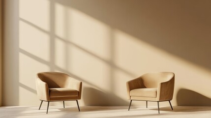 Minimalist interior featuring two modern chairs with soft lighting and shadow play.