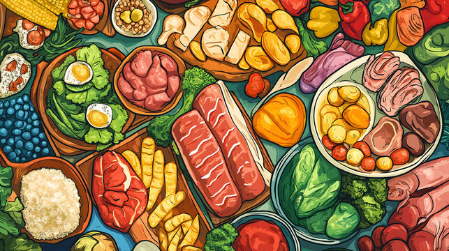 Vibrant top-down illustration of a diverse array of dishes from various cuisines, featuring fresh vegetables, meats, soups and noodles, celebrating the richness of food on World Food Day.