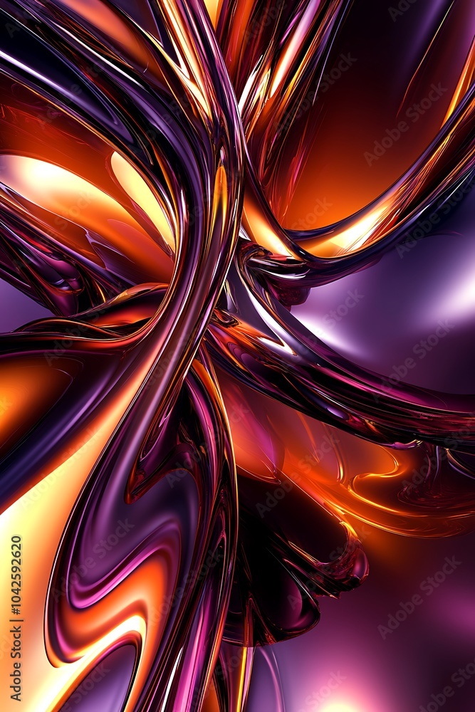 Poster a vibrant, abstract composition featuring swirling patterns in shades of purple, orange, and metalli