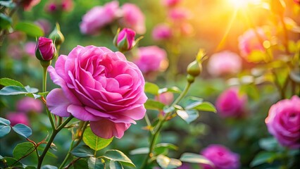 A vibrant pink rose blooms in the warm glow of the setting sun, surrounded by a sea of delicate pink petals, showcasing the beauty of nature's simple artistry.