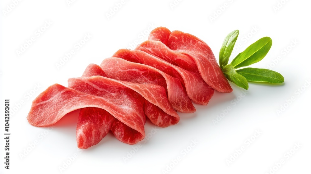 Poster sliced fresh beef arranged elegantly on a white surface, emphasizing the quality and texture for cul