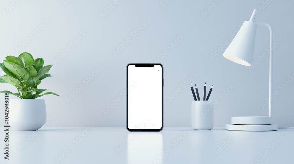 Aufkleber smartphone mockup on a sleek desk, showcasing a bright, customizable ui design in a tech setup.