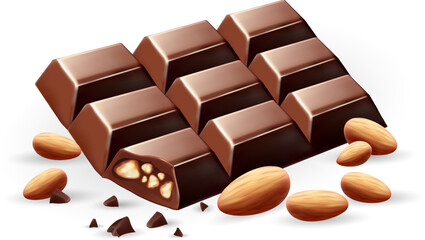 Chocolate bars another and Almond nut chocolate splash. milk, dairy product. isolated on white background. Realistic vector illustration. Mesh