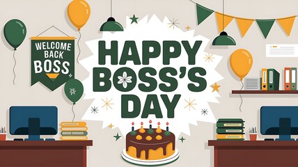 Office Decorated for Boss's Day with Cake and Balloons
