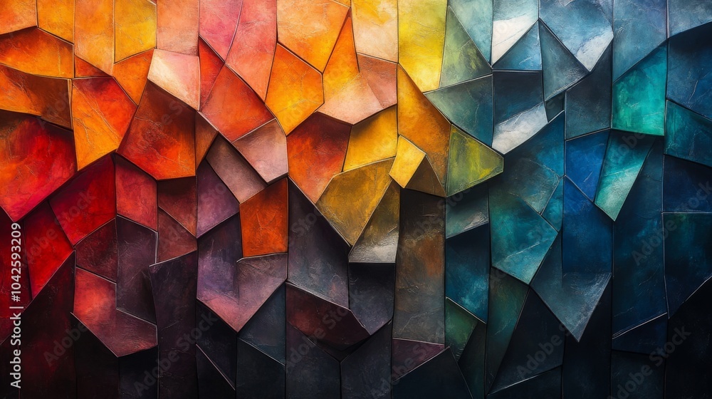 Poster The artwork features a dynamic arrangement of angular shapes in a spectrum of warm oranges and reds transitioning to cool blues and greens. The textured surface enhances color depth.