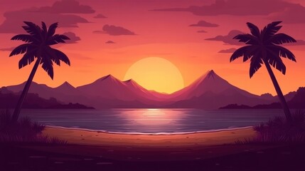 Breathtaking Sunset Over Tropical Beach with Palm Trees and Silhouetted Landscape