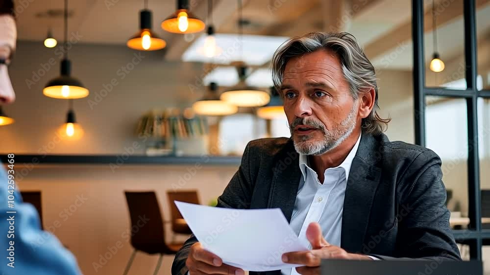 Poster professional discussion between a man and a woman in a modern café setting during a business meeting