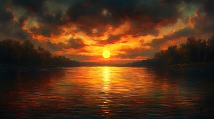 Fototapeta premium A fiery sunset over a calm lake with trees lining the shore.