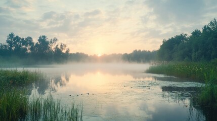 Fototapeta premium Serene sunrise over a misty lake surrounded by lush greenery and calm waters.