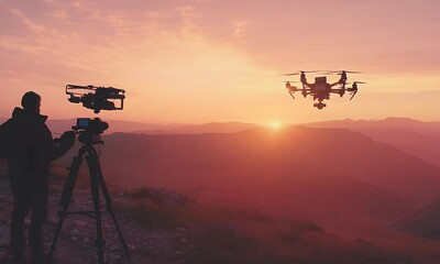 A person operates a camera while a drone flies at sunset over a scenic landscape.