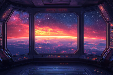 Obraz premium stunning view from futuristic spacecraft window, showcasing vibrant sunset over distant planet. colorful sky is filled with stars, creating serene and awe inspiring atmosphere
