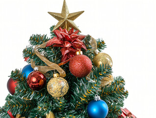 A festive Christmas tree adorned with colorful baubles, gold ornaments, and holiday decorations, set for a joyful winter celebration