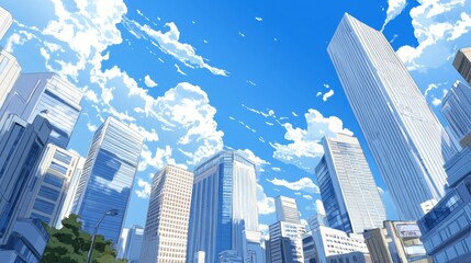 Modern City Skyline with Clear Blue Sky and Clouds