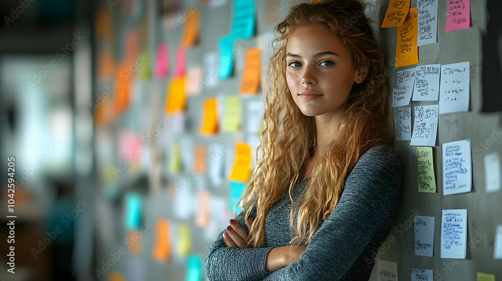 Poster A young woman stands against a wall covered in colorful notes.