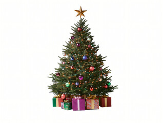 A beautifully decorated Christmas tree surrounded by colorful gifts and presents, capturing the festive spirit of the holiday season with ornaments, lights, and a star on top