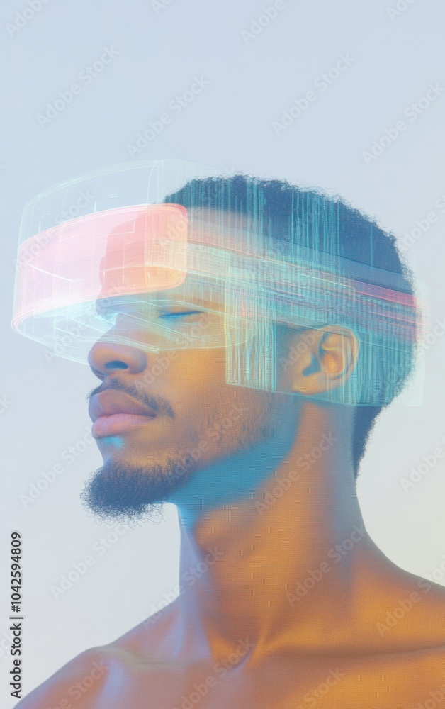 Poster future vision man with augmented reality headset in minimalist futuristic style