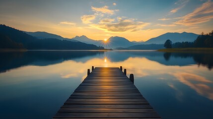 Charming wooden dock extending into a tranquil lake at sunset with silhouettes of mountains in the background enhancing the beauty