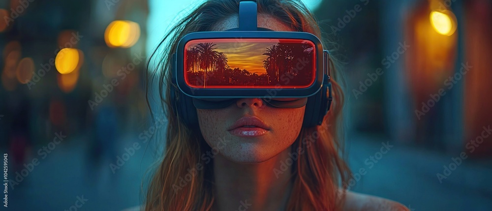 Poster woman experiencing virtual reality with palm trees reflected in vr headset
