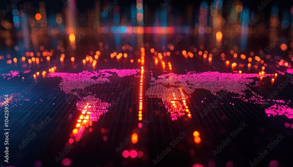 Aufkleber Digital World Map with Lights and Grid Pattern