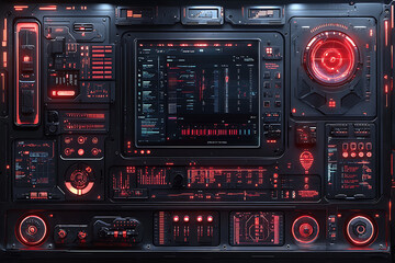 sleek futuristic background featuring high tech control panel with glowing red accents and intricate digital displays. This design evokes sense of advanced technology and innovation