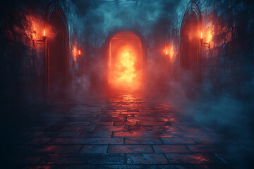 Fototapeta premium dark, eerie hallway with glowing torches and fiery portal at end creates spooky atmosphere. mist adds to haunting ambiance, perfect for haunted mansion scene