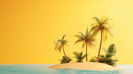 3D style, cartoon, island, coconut trees, travel scenery, free space for text on right side, yellow background 