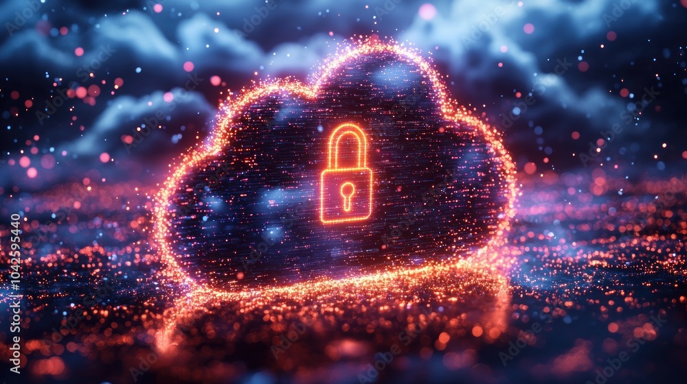 Poster A glowing cloud symbol with a padlock in the center, representing data security in a digital space.