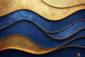 Elegant waves of gold and deep blue create luxurious backdrop, perfect for showcasing high end products or designs. smooth curves and rich textures evoke sense of sophistication and style