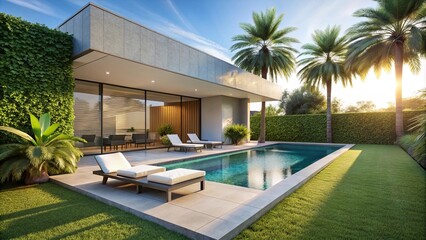 Fototapeta premium Modern architecture with a swimming pool and tropical landscaping, showcasing serene living.