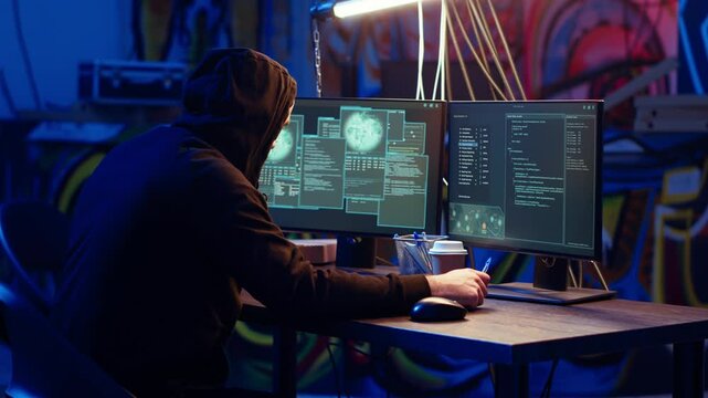 Malicious man hacking and talking on phone with partner, stealing credit card numbers, manipulating banking systems. Evil hacker runs dangerous code, chatting with friend in telephone call, camera B