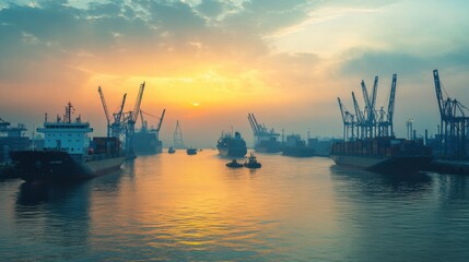 Fototapeta premium An active harbor bustling with activity at sunrise, where cargo ships and cranes silhouette against the early morning sky, symbolizing the resilience and growth of global trade networks