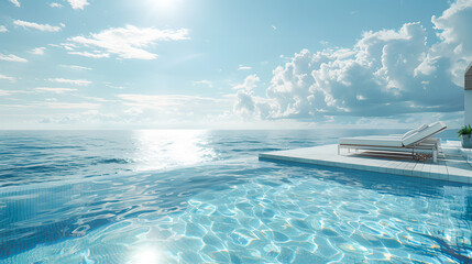 Sea view. Luxury modern white beach hotel with swimming pool. Sunbed on sundeck for vacation home or hotel