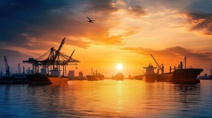 An active harbor coming alive at sunrise, with cargo ships and cranes silhouetted against the morning sky, illustrating the rise of global trade networks