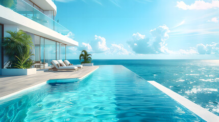 Obraz premium Sea view. Luxury modern white beach hotel with swimming pool. Sunbed on sundeck for vacation home or hotel