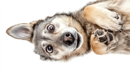 Obraz premium A playful dog lying on its back, showcasing its adorable expression.