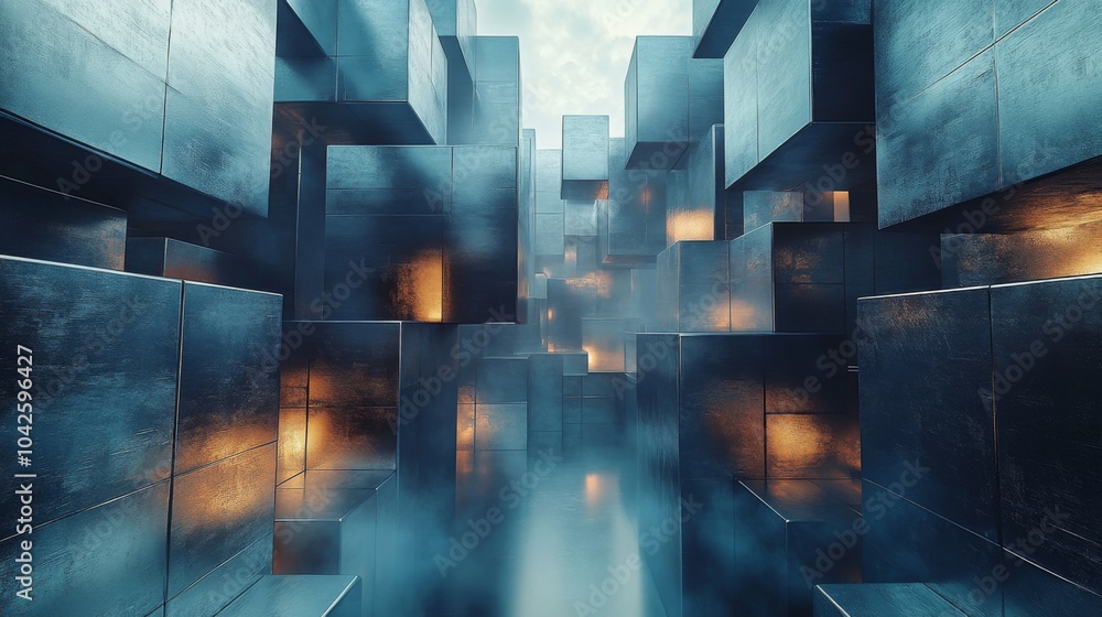 Aufkleber a captivating view of a futuristic cityscape, featuring luminous metallic cubes arranged in an abstr