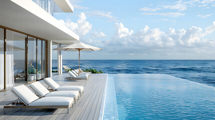 Fototapeta premium Sea view. Luxury modern white beach hotel with swimming pool. Sunbed on sundeck for vacation home or hotel