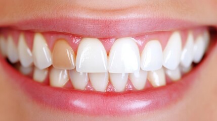 Closeup of discolored teeth before and sparkling white crowns after, highlighting the transformation, teeth whitening, before and after dental crowns